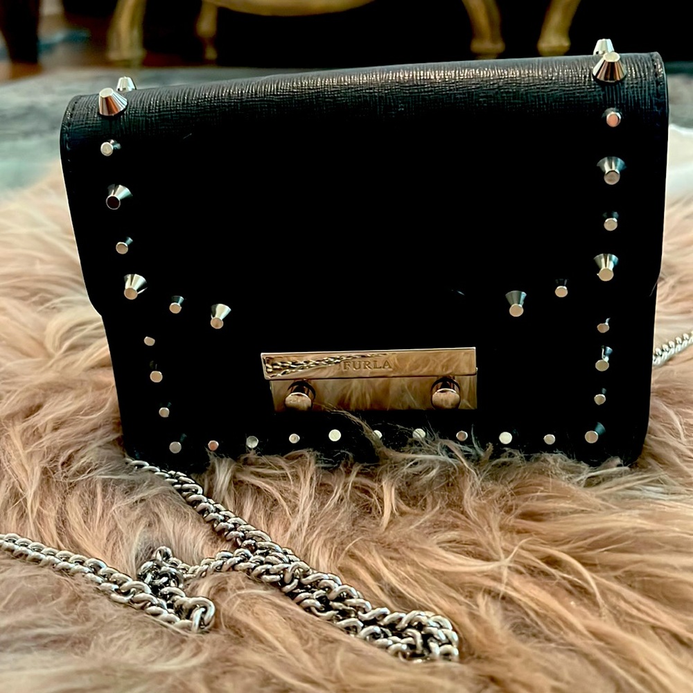Furla Black Leather Studded Crossbody